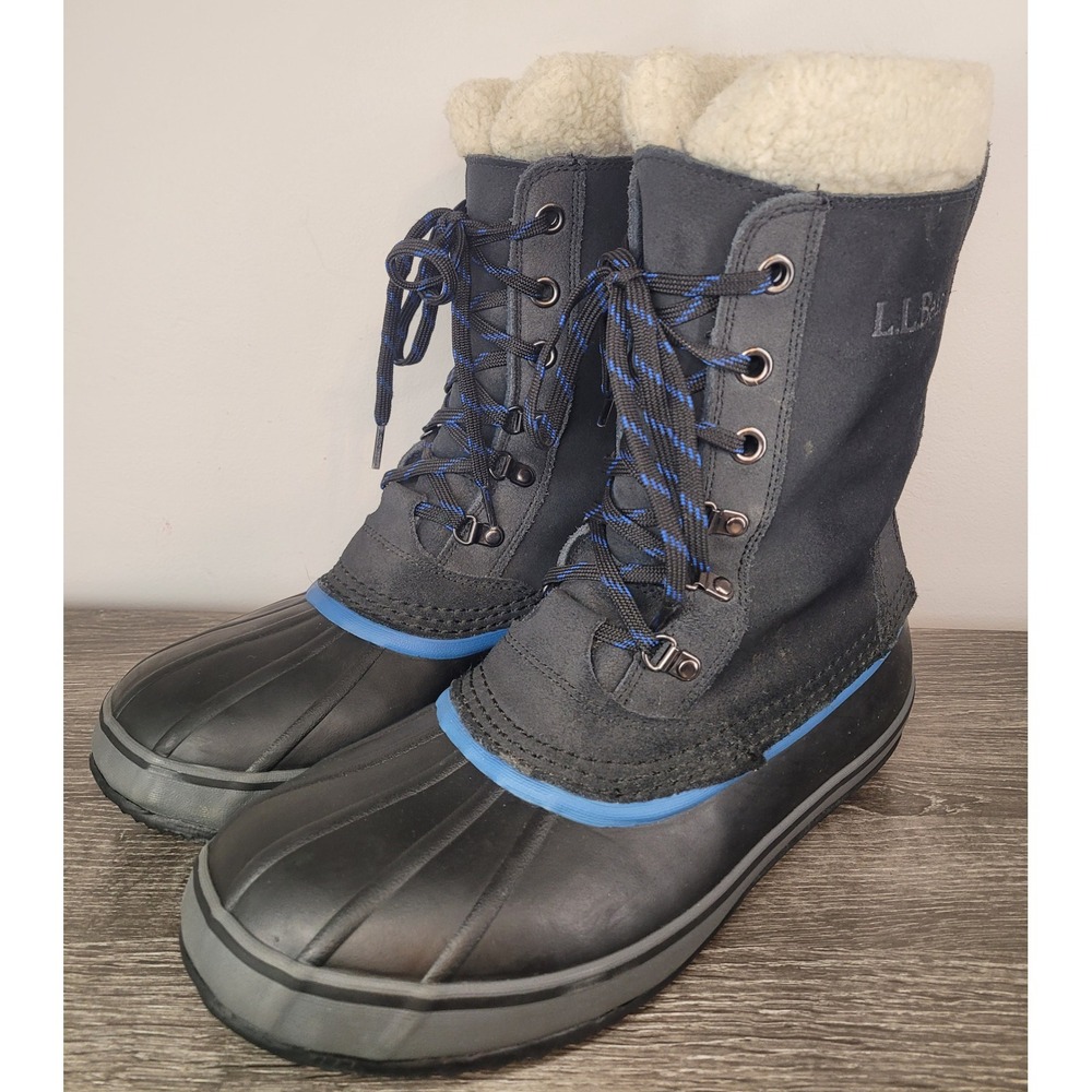 LL Bean Mens Snow Boots 284892 Black 12M Blue Suede Shearling Lined Duck Fleece